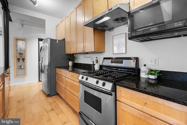 kitchen featuring light brown cabinetry, stainless steel appliances, light wood finished floors, and under cabinet range hood