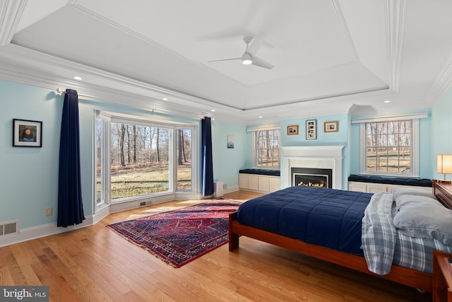 bedroom with a tray ceiling, multiple windows, and wood finished floors