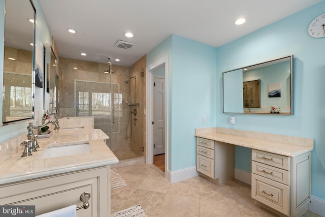 full bathroom with a sink, visible vents, double vanity, and a shower stall