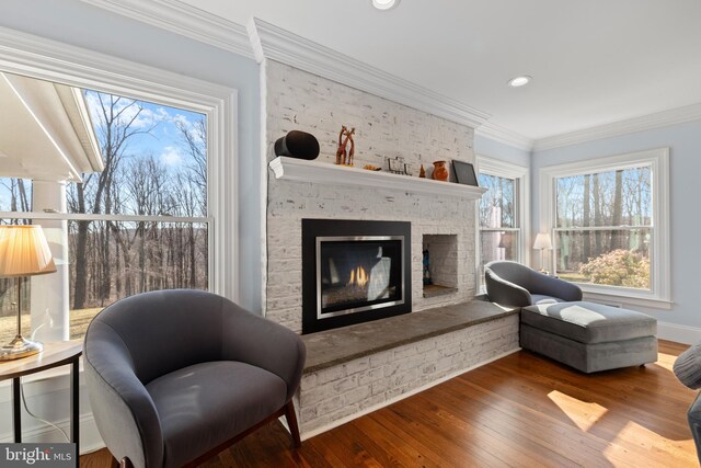 living area featuring recessed lighting, wood finished floors, a fireplace, and crown molding