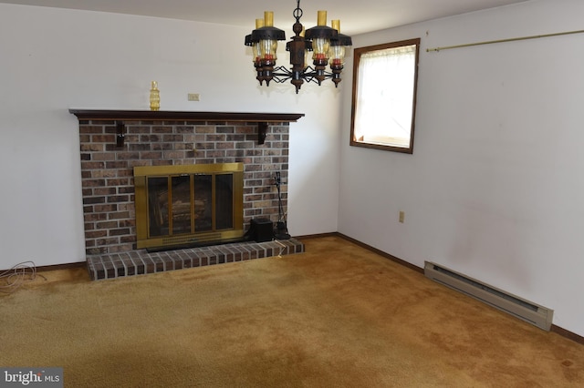 unfurnished living room with carpet, baseboards, a fireplace, baseboard heating, and a chandelier