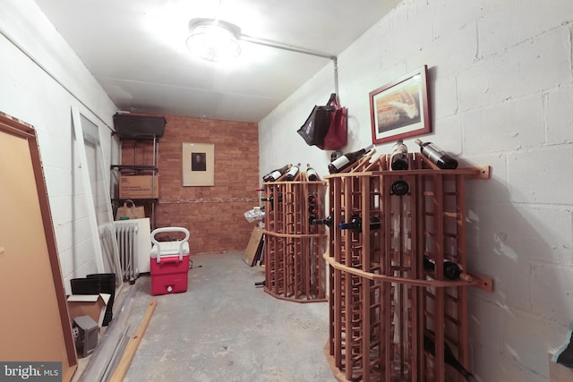 wine area featuring concrete block wall, electric panel, and concrete flooring