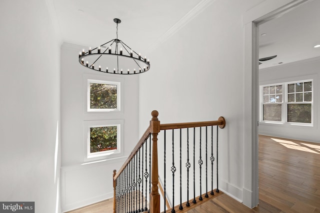 stairs with baseboards, an inviting chandelier, wood finished floors, and crown molding