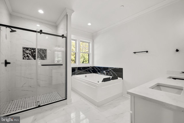 full bathroom featuring crown molding, a bath, marble finish floor, and a marble finish shower