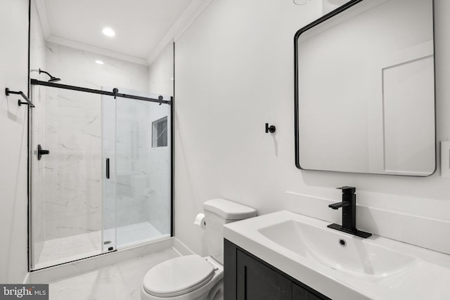 bathroom featuring a marble finish shower, toilet, vanity, and ornamental molding