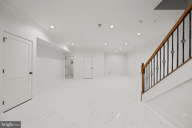 finished basement with baseboards, visible vents, recessed lighting, ornamental molding, and stairs