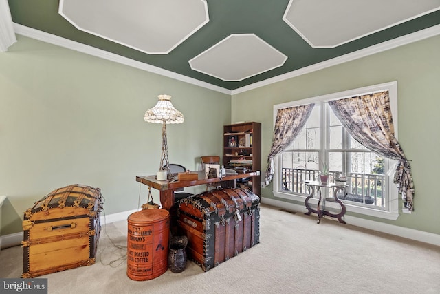 home office featuring visible vents, baseboards, carpet, and crown molding