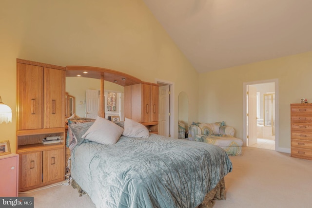 bedroom with arched walkways, high vaulted ceiling, and light carpet