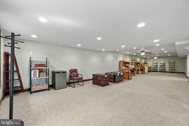 interior space featuring carpet flooring, recessed lighting, baseboards, and ceiling fan