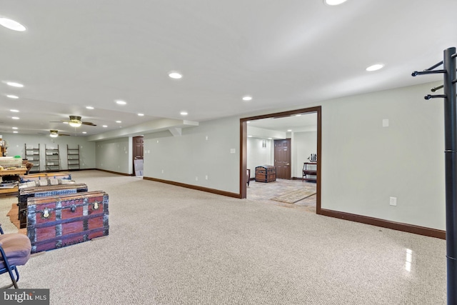 game room featuring recessed lighting, baseboards, light colored carpet, and a ceiling fan