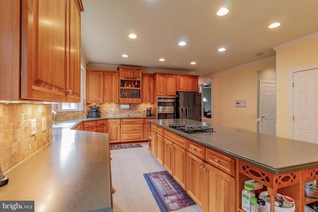 kitchen with black fridge, open shelves, backsplash, gas stovetop, and crown molding