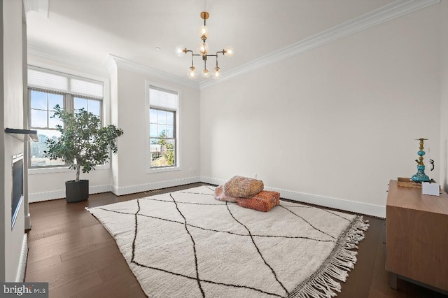 interior space with baseboards, wood finished floors, a notable chandelier, and ornamental molding