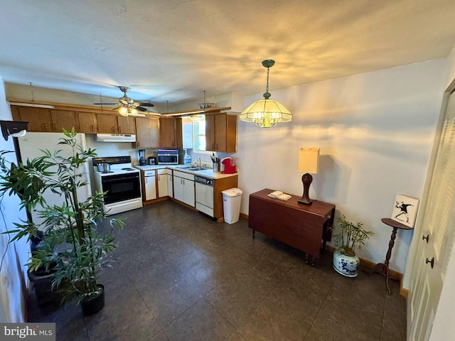 kitchen featuring electric range, under cabinet range hood, white dishwasher, light countertops, and baseboards