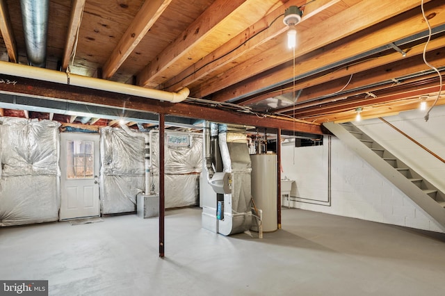 unfinished below grade area with stairway, heating unit, and water heater