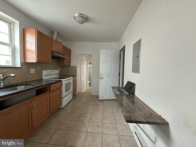 kitchen featuring white range with electric cooktop, electric panel, a sink, decorative backsplash, and under cabinet range hood