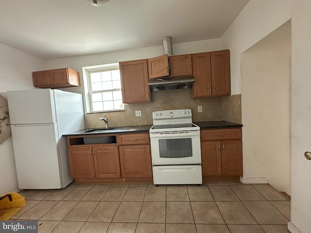 kitchen with under cabinet range hood, a sink, backsplash, dark countertops, and white appliances