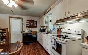 kitchen featuring white cabinetry, light countertops, white electric range, and under cabinet range hood