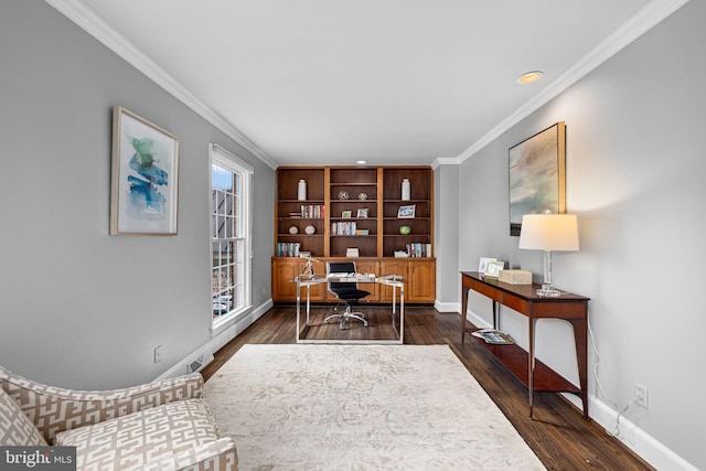 office with dark wood-style floors, baseboards, and ornamental molding