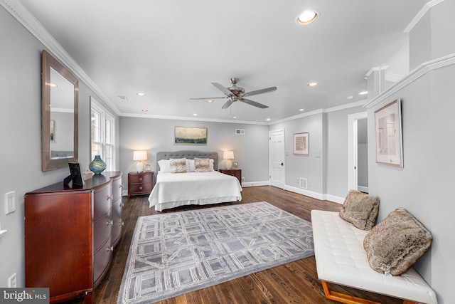 bedroom with recessed lighting, baseboards, dark wood-style floors, and crown molding