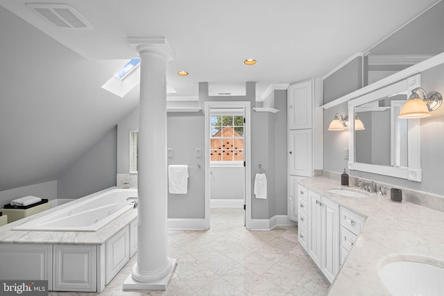 full bath featuring visible vents, baseboards, double vanity, a tub with jets, and a sink