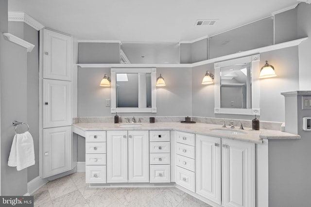 full bathroom with a sink, visible vents, marble finish floor, and double vanity