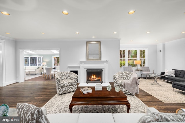 living room with crown molding, a lit fireplace, and wood finished floors