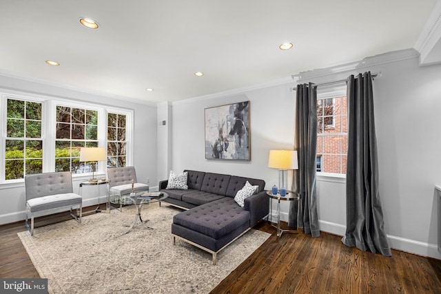 living room with wood finished floors and ornamental molding