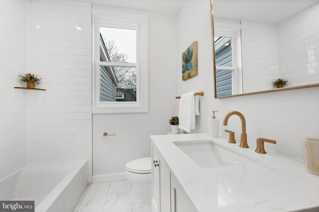 full bath featuring baseboards, toilet, marble finish floor, and vanity