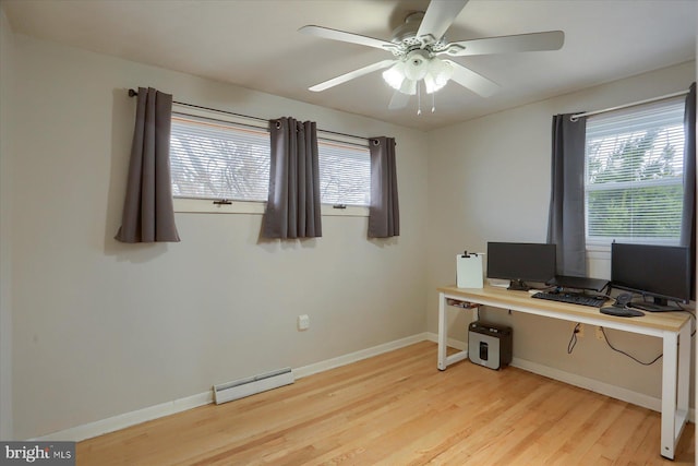 office with a ceiling fan, light wood-type flooring, baseboards, and a baseboard radiator