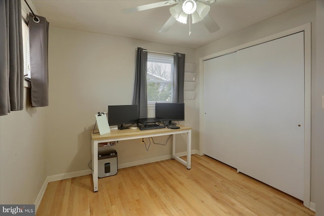 home office featuring baseboards, light wood finished floors, and ceiling fan