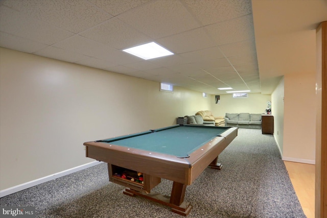 game room with billiards, baseboards, and a drop ceiling