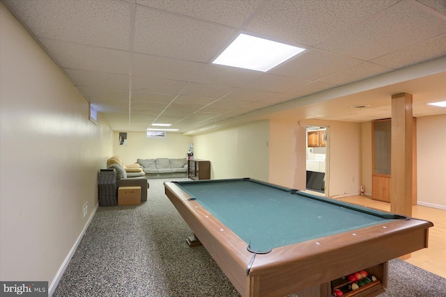 rec room with billiards, a paneled ceiling, and baseboards