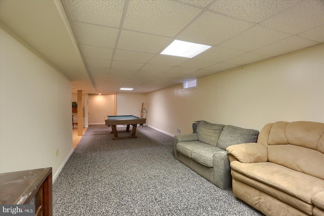 rec room featuring visible vents, billiards, a drop ceiling, carpet floors, and baseboards