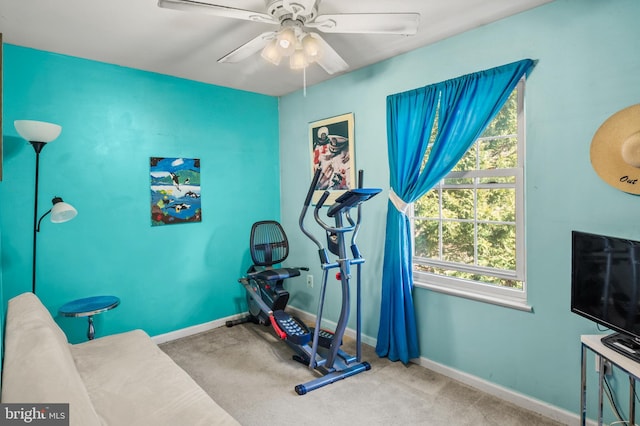 workout area featuring ceiling fan, baseboards, and carpet