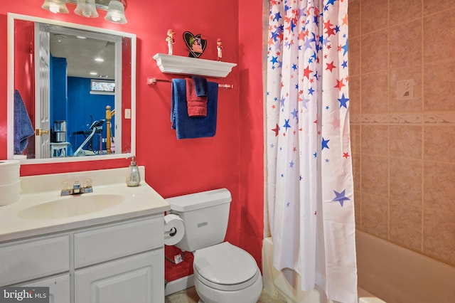 bathroom featuring vanity, toilet, and shower / tub combo with curtain