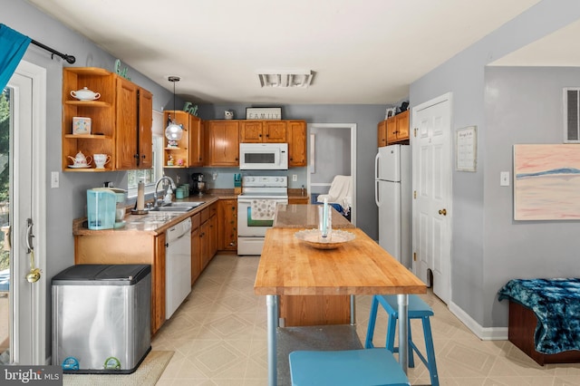 kitchen with white appliances, visible vents, open shelves, a sink, and wood counters