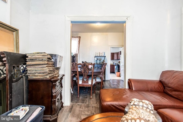 living area featuring wood tiled floor