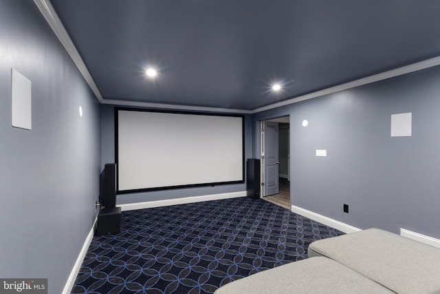 cinema room featuring carpet flooring, recessed lighting, baseboards, and ornamental molding