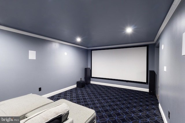 cinema room with recessed lighting, baseboards, carpet, and crown molding