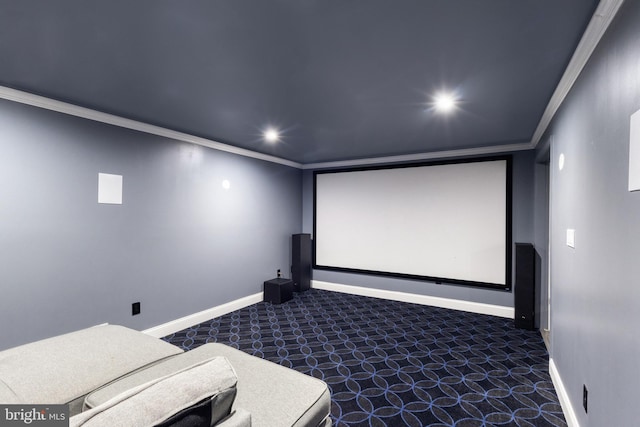 home theater featuring recessed lighting, carpet, baseboards, and ornamental molding