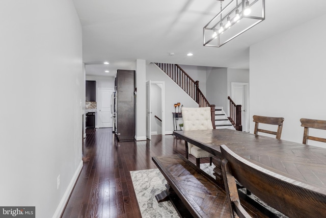 dining room with dark wood finished floors, stairway, recessed lighting, and baseboards