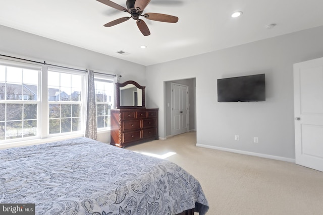 bedroom featuring recessed lighting, visible vents, carpet flooring, and baseboards