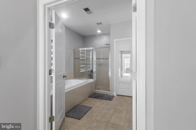 full bath with a bath, visible vents, a shower stall, and tile patterned floors