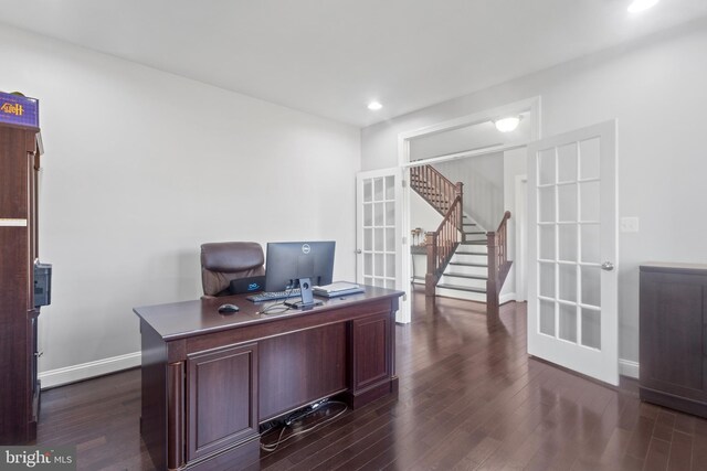 office area with dark wood-type flooring, recessed lighting, french doors, and baseboards