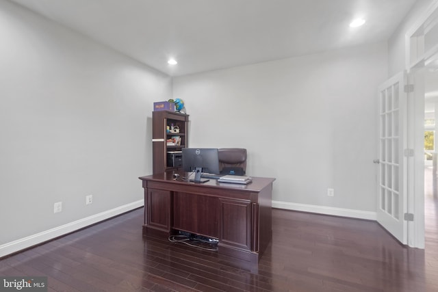 office space with recessed lighting, baseboards, and dark wood-type flooring