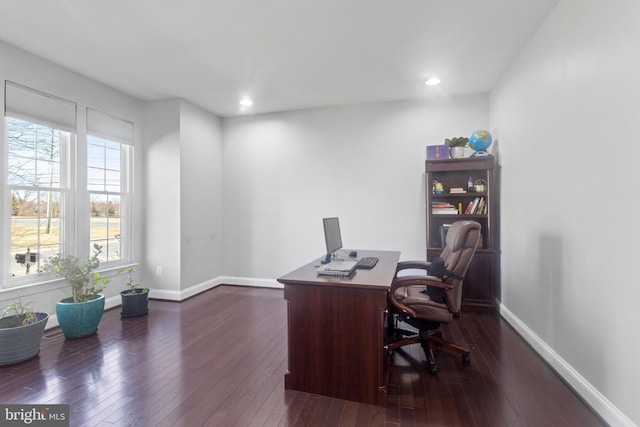 office space featuring recessed lighting, baseboards, and dark wood finished floors