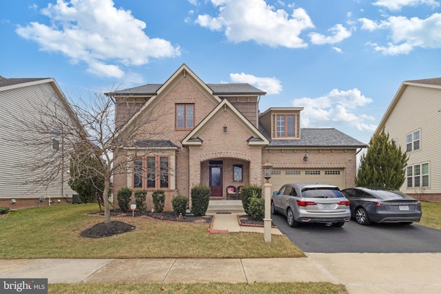 traditional-style home featuring aphalt driveway, a front yard, a garage, and brick siding