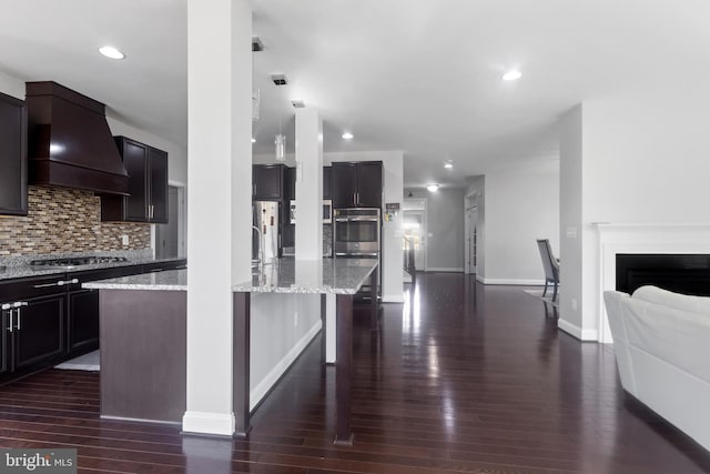 kitchen featuring dark wood-type flooring, open floor plan, custom range hood, decorative backsplash, and stainless steel appliances