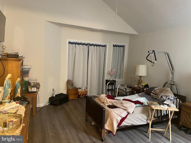 bedroom featuring wood finished floors and high vaulted ceiling