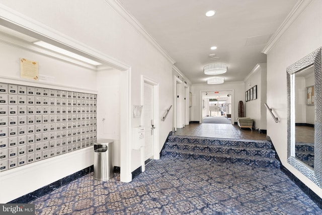 hallway featuring recessed lighting, mail area, and crown molding